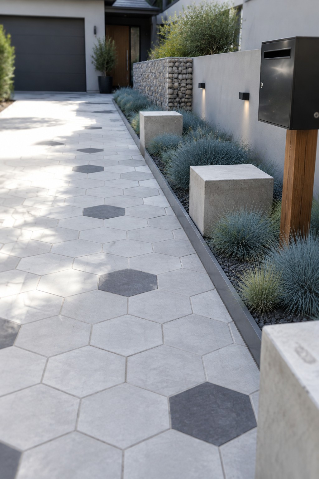 A narrow modern driveway paved in light gray hexagonal concrete blocks with scattered dark gray accent tiles, running beside a light wall, gabion section, and clumps of blue-green grasses.