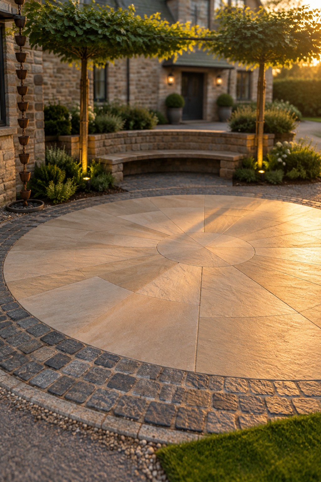 A small circular driveway with light radial stone paving and a dark cobblestone border, set in front of a stone house with trees and a curved bench.