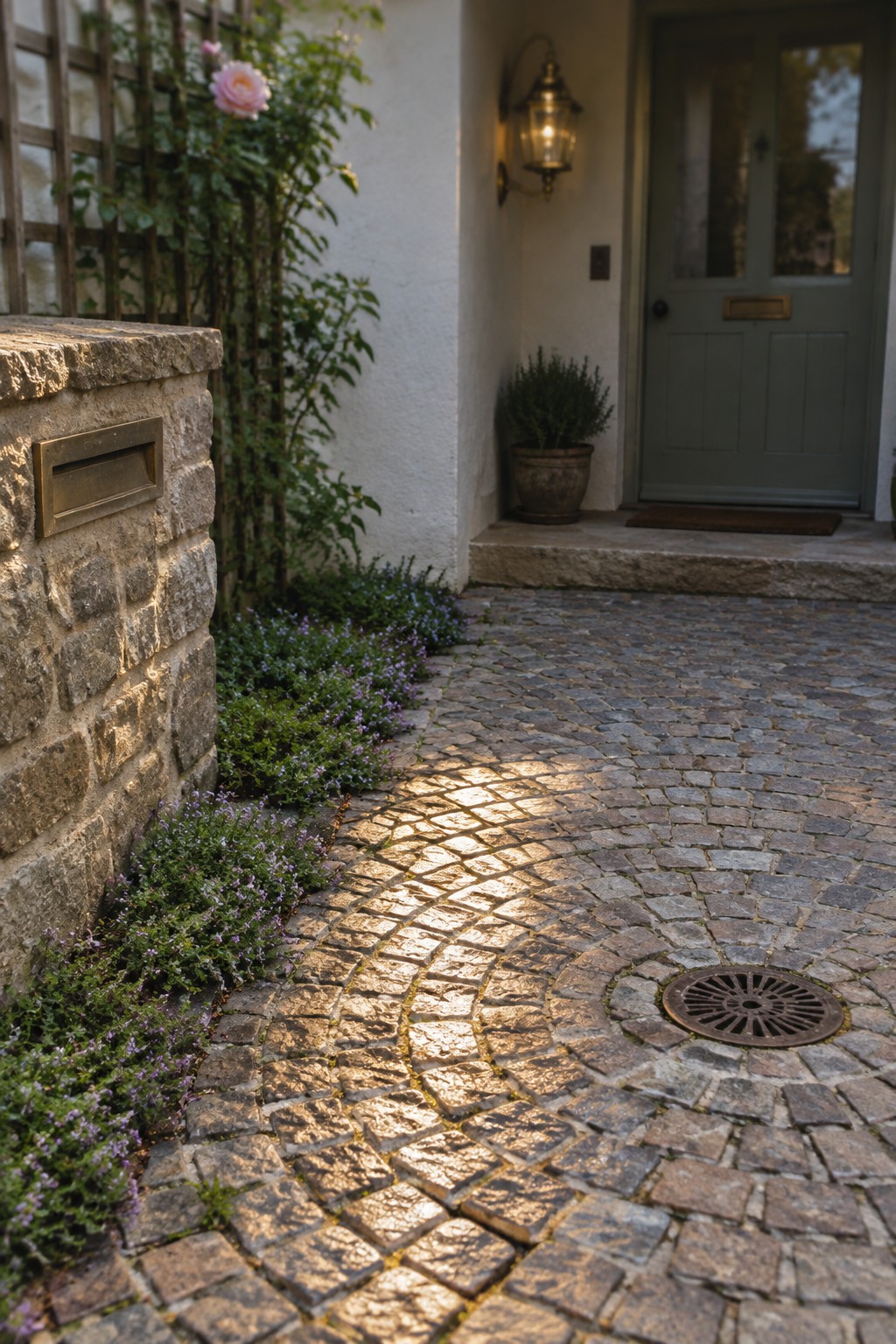Sunlit cobblestone path leading to green door with lantern and stone mailbox wall