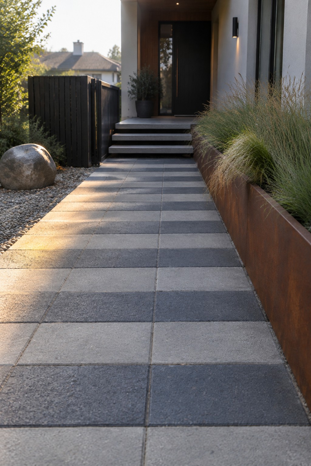 A straight paved walkway made of alternating light and dark gray rectangular blocks leads to a modern house entrance with three concrete steps and a black door, bordered on the right by a rusted metal planter filled with tall grasses.