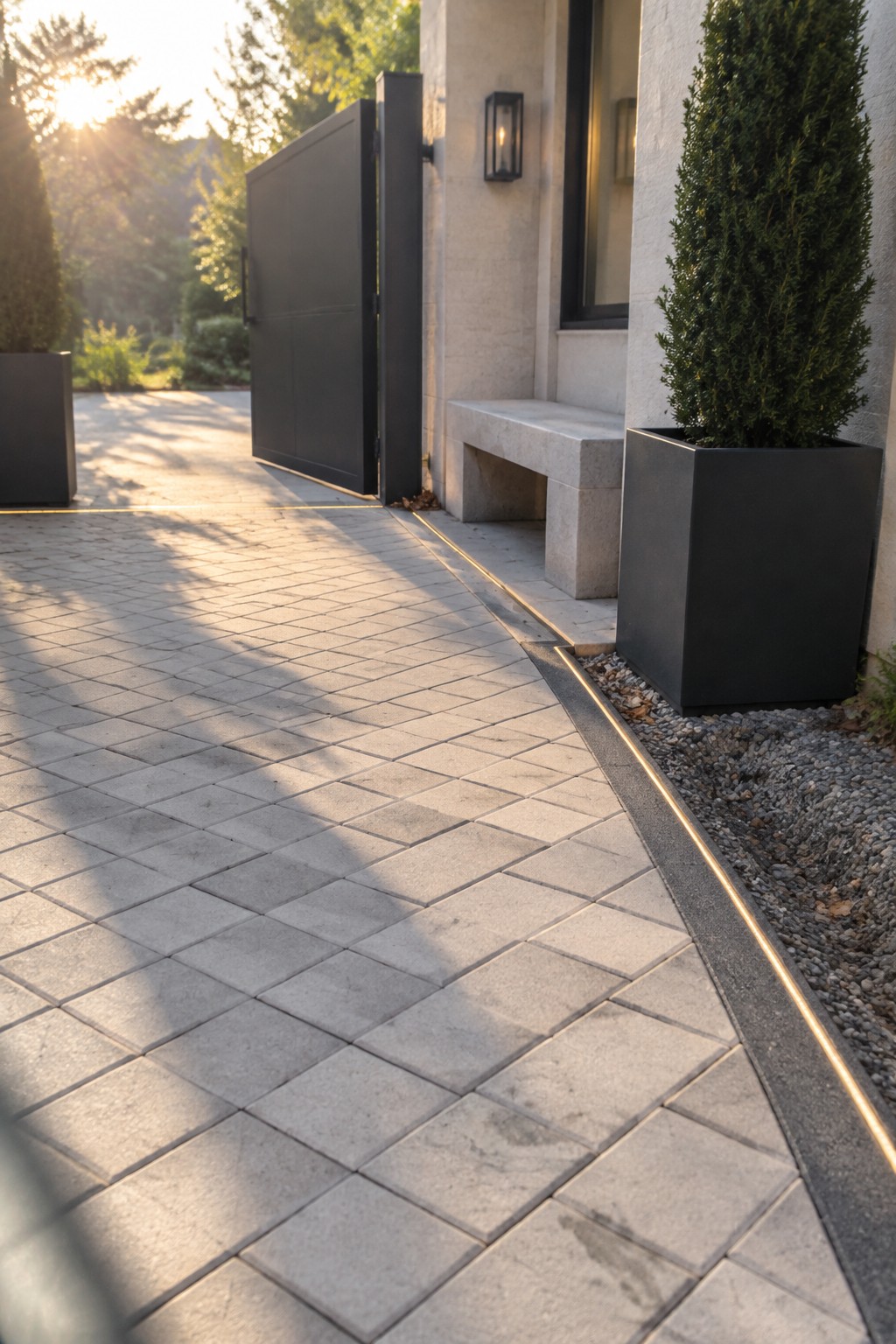 Modern gray paver walkway with open black gate, stone bench, and tall planters at sunset.