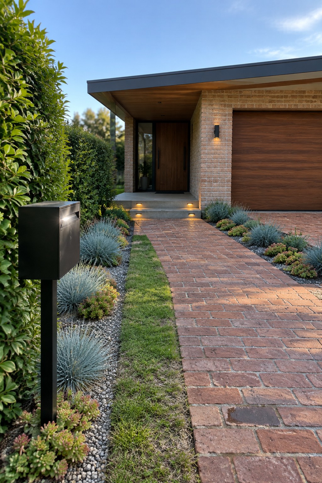 A modern single-story house with a brick driveway that has a narrow grass strip down the center, low plantings along both sides, and a black mailbox on a post in the foreground.