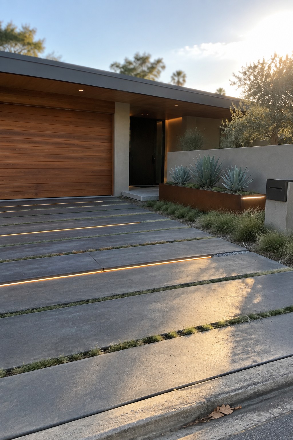 A modern single-story home with a horizontal wood garage door, concrete driveway steps with embedded glowing light strips, and desert landscaping beside a dark entry door.