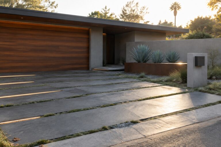 18 Polished Mid-Century Modern Driveway Ideas for Low-Profile Homes A modern single-story home with a horizontal wood garage door, concrete driveway steps with embedded glowing light strips, and desert landscaping beside a dark entry door.