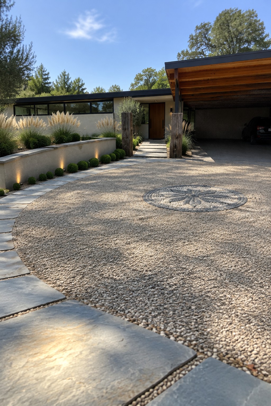 Modern home with gravel driveway, circular pebble mosaic, stone path and wooden carport