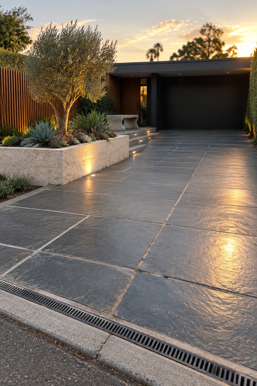 A modern single-story home with a wide driveway made of large dark gray stone pavers, a raised stone planter with an olive tree and succulents on the left, and steps leading to the front door.