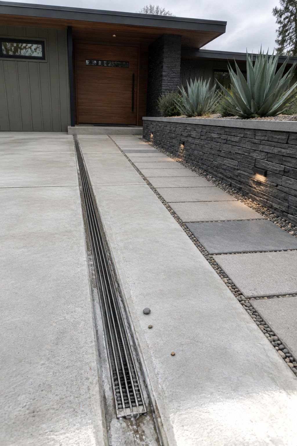 Modern house driveway with a long linear metal drain set into light concrete, bordered by gray pavers, gravel, and a dark stacked stone wall with agave plants.