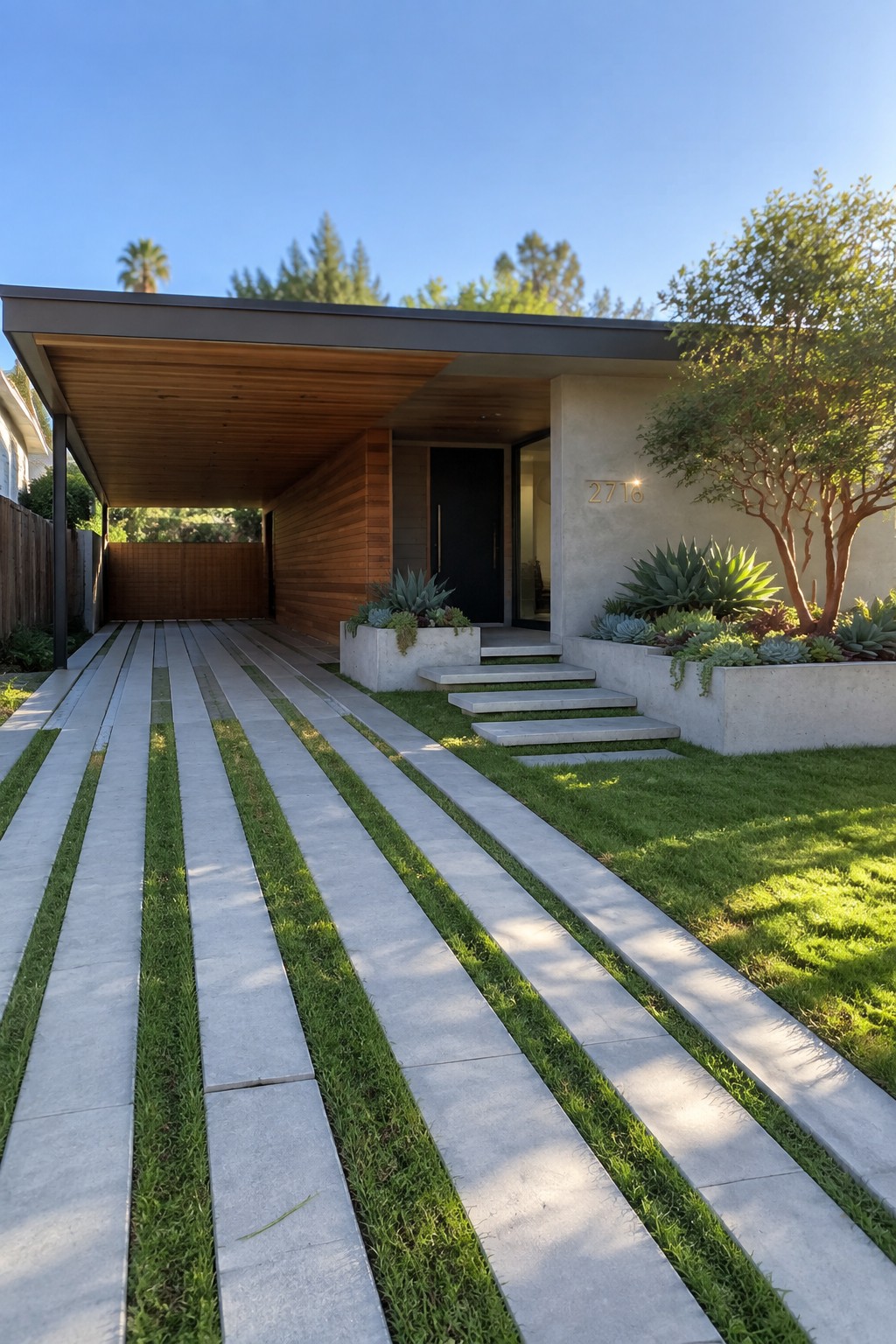 A modern single-story home with a driveway of parallel gray concrete pavers separated by grass strips, concrete steps leading to a black door under a wood overhang, and raised planting beds with succulents.