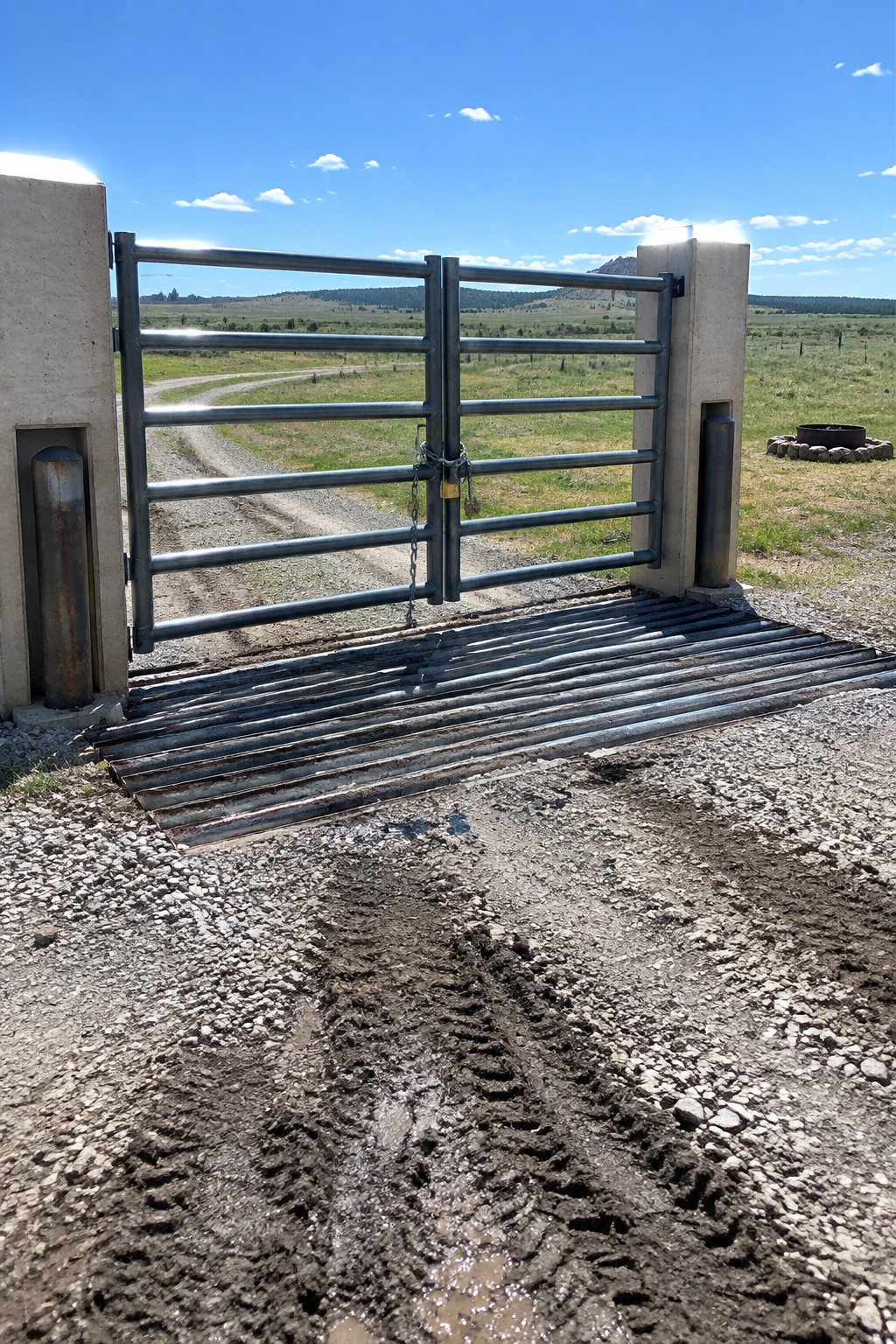 Locked metal gate with chain and padlock over cattle guard on muddy rural road