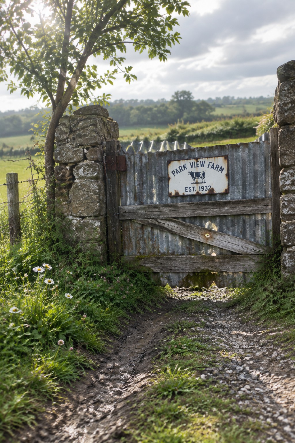 Rusted corrugated gate with Park View Farm sign between stone pillars on dirt path
