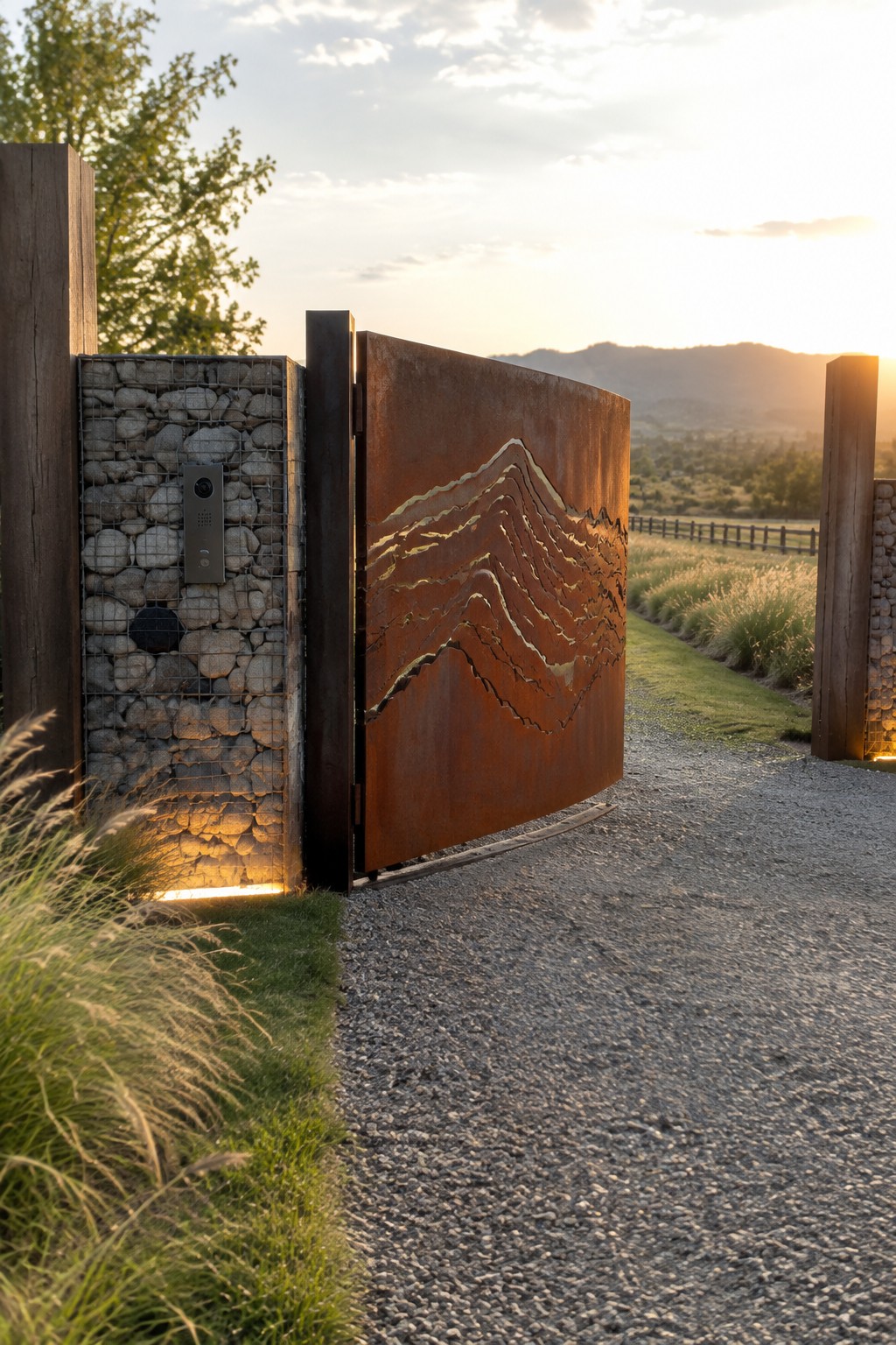 Rusted metal gate with mountain cutouts beside stone gabion wall at sunset