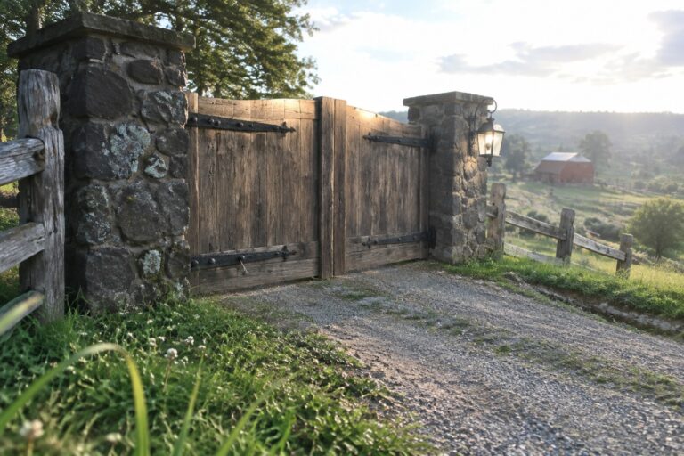 18 Rugged Ranch Driveway Gate Ideas for Expansive Rural Properties Open wooden gate between stone pillars on gravel path with red barn at sunset