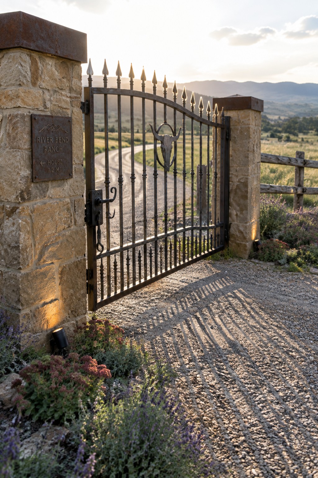 Open wrought-iron gate with bull skull at stone pillars, gravel road, hills at sunset.