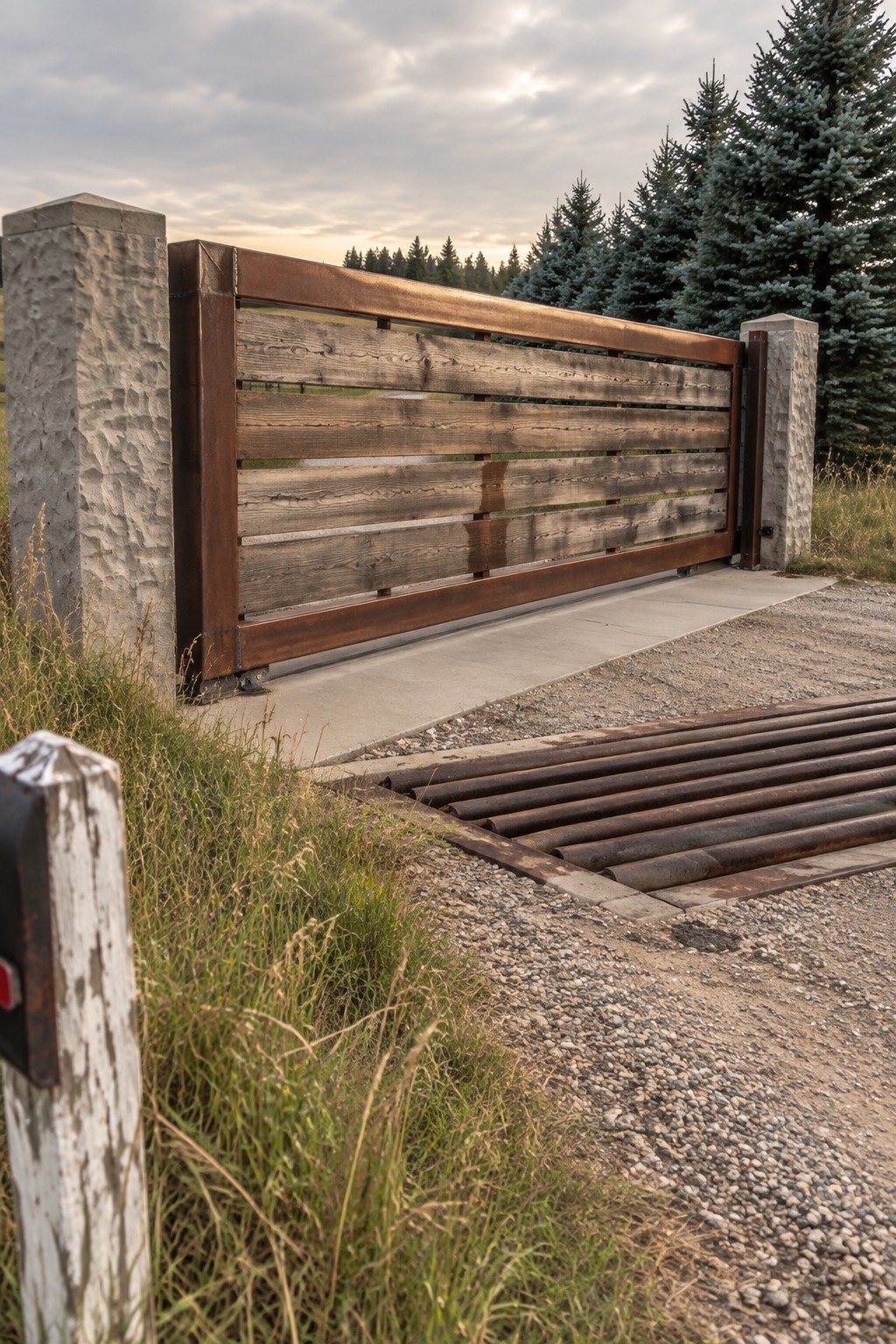A wooden horizontal slat gate with rusted metal frame between concrete posts on a gravel driveway, with a metal grate in the foreground.