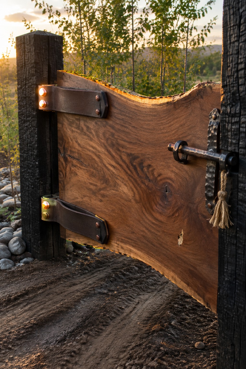 A live-edge wooden gate slab with dark metal hinges and latch, mounted between charred wood posts on a rural dirt driveway.