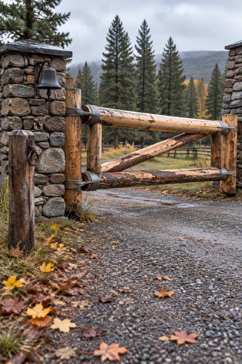 A wooden log gate secured with wire between two stone pillars at the entrance to a gravel driveway lined with autumn leaves and pine trees.