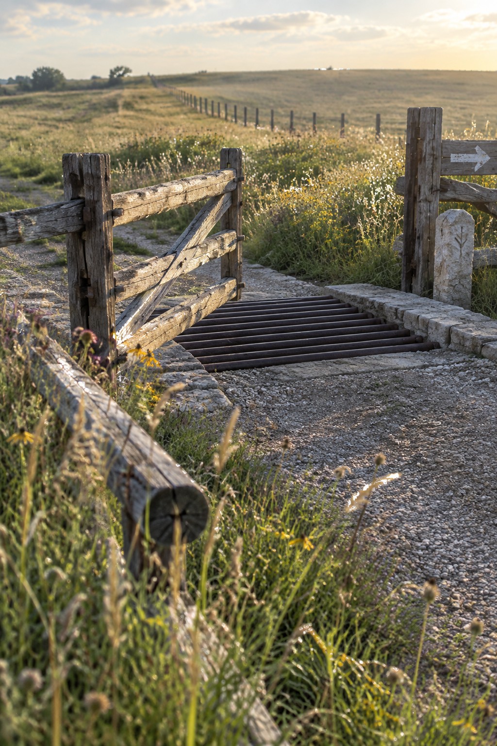 A weathered wooden ranch gate stands open beside a metal cattle guard set into a gravel driveway, with stone pillars and fencing along a rural field.
