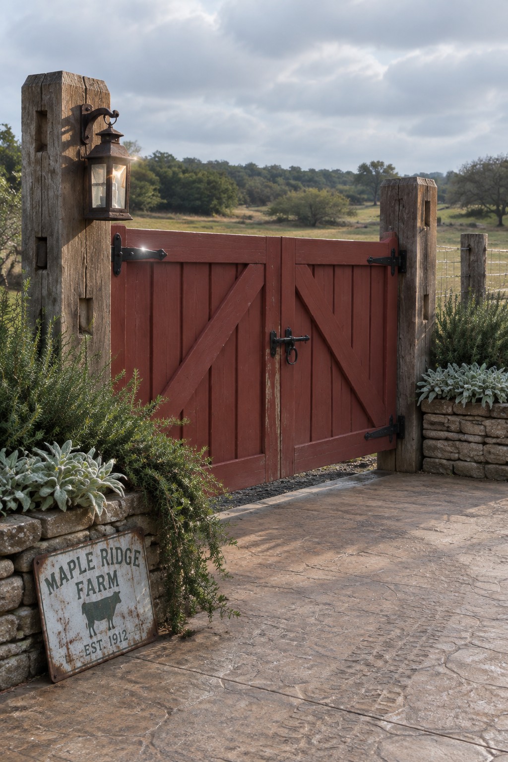 A red wooden double gate stands slightly open between wooden posts, with a black lantern on the left post, a stone wall, and a weathered farm sign at the base.