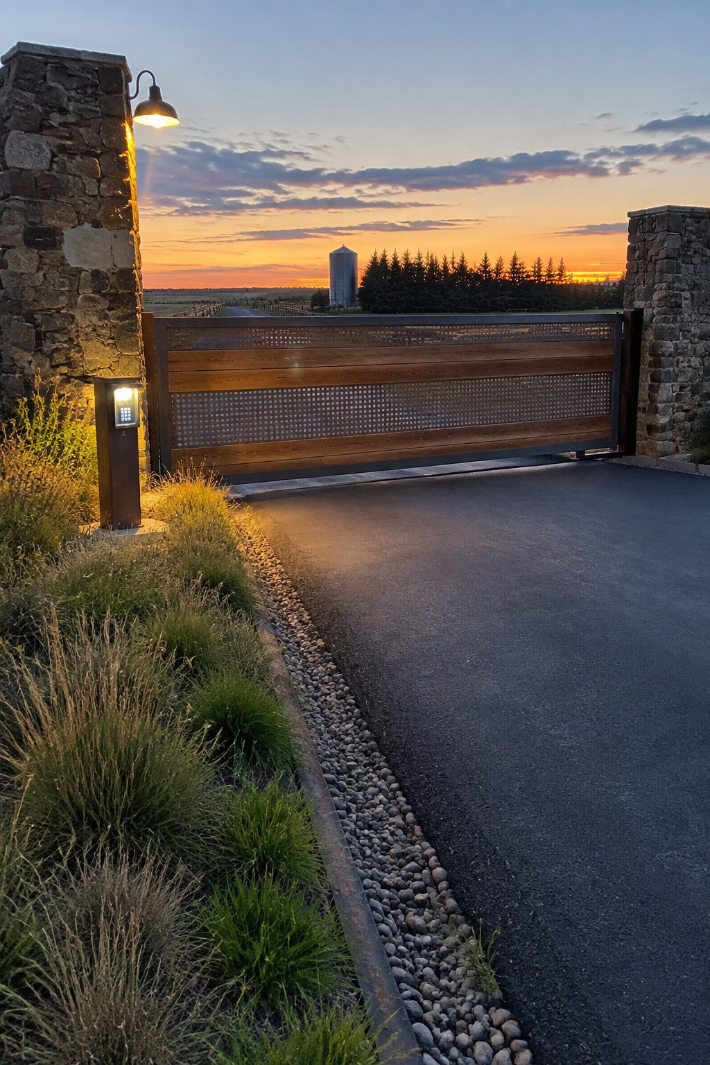 A horizontal wood and metal driveway gate sits between two stone pillars beside a paved road in a rural landscape at sunset.