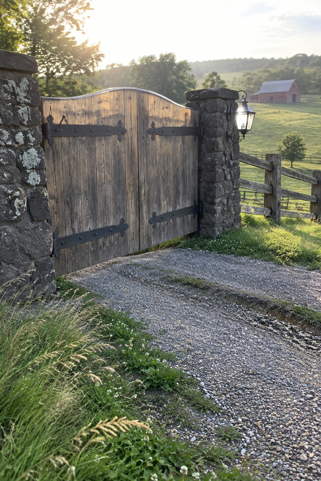 Open wooden gate between stone pillars on gravel path with red barn at sunset