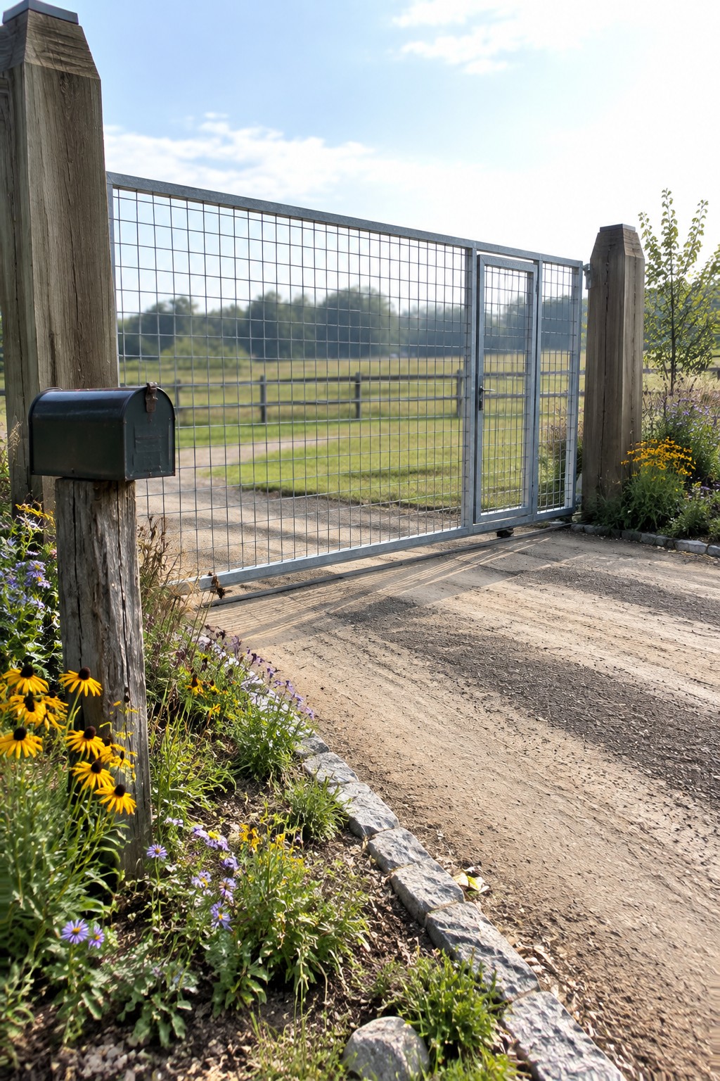 A metal grid gate is installed between two large wooden posts along a gravel driveway, with flowers and plants at the base.