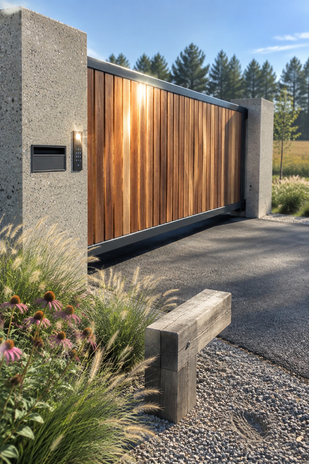 A wooden vertical slat driveway gate installed between two textured concrete pillars, with gravel, grasses, and flowers in the foreground.