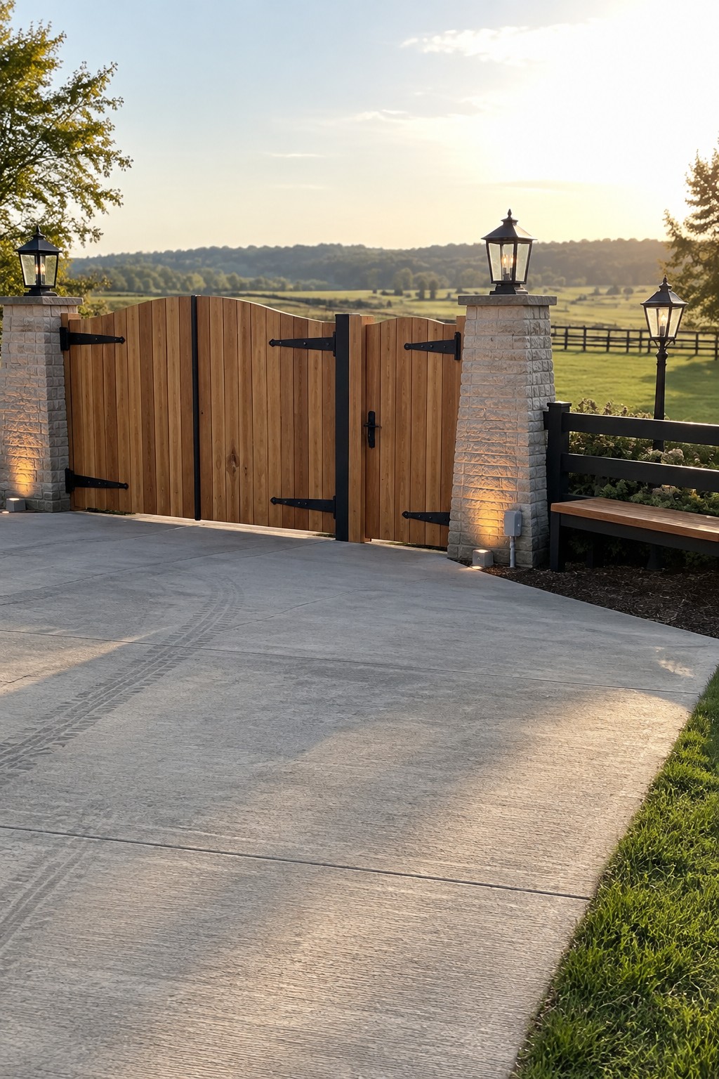 A wooden driveway gate with vertical planks and black metal hardware stands between two stone pillars topped with lanterns on a concrete surface in a rural landscape.