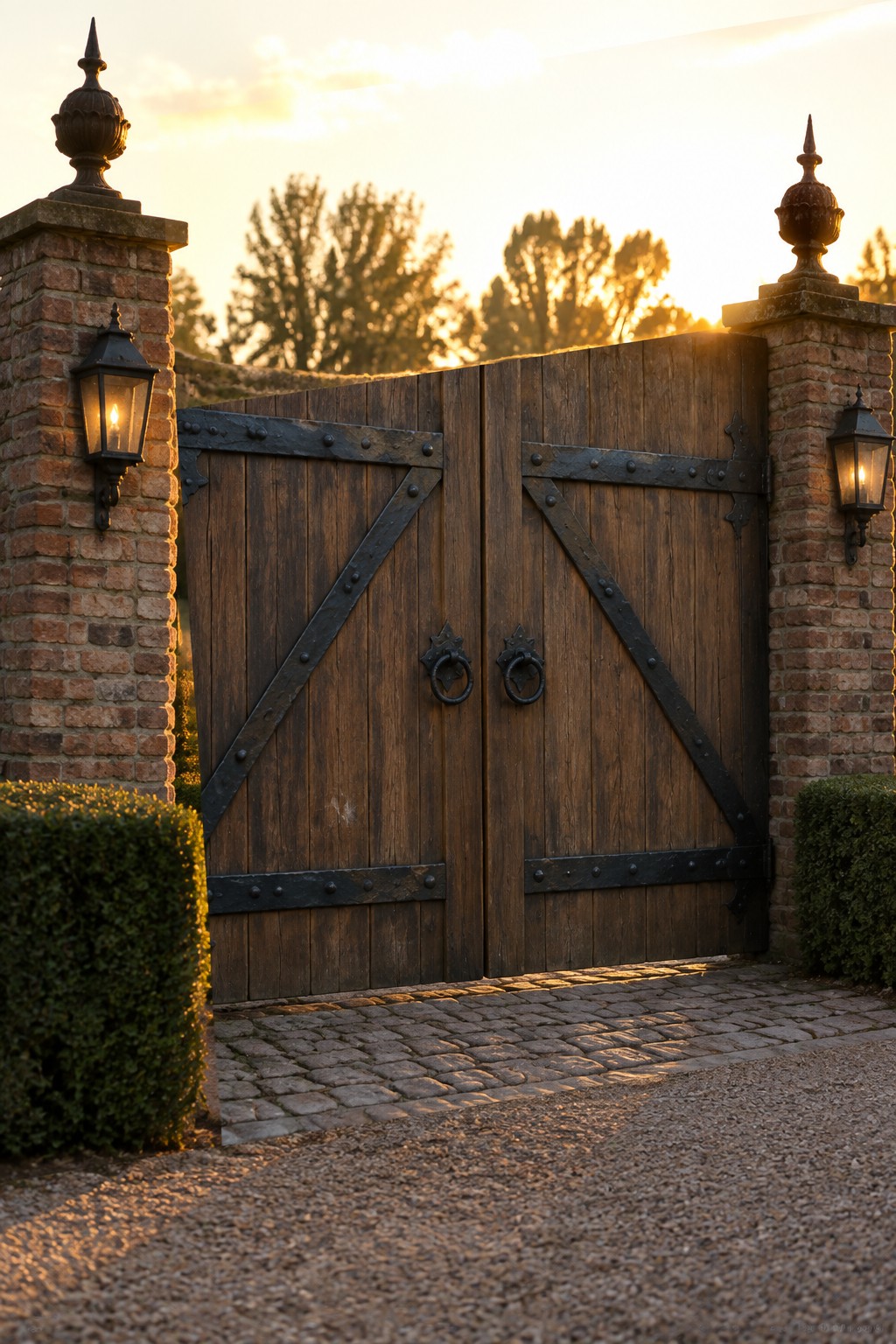 Wooden double gates with black metal braces between brick pillars at sunset