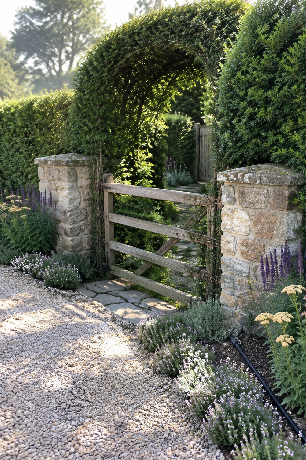A wooden ranch gate with three rails stands between two rough stone pillars, with vines climbing the sides and a gravel path leading through the opening.