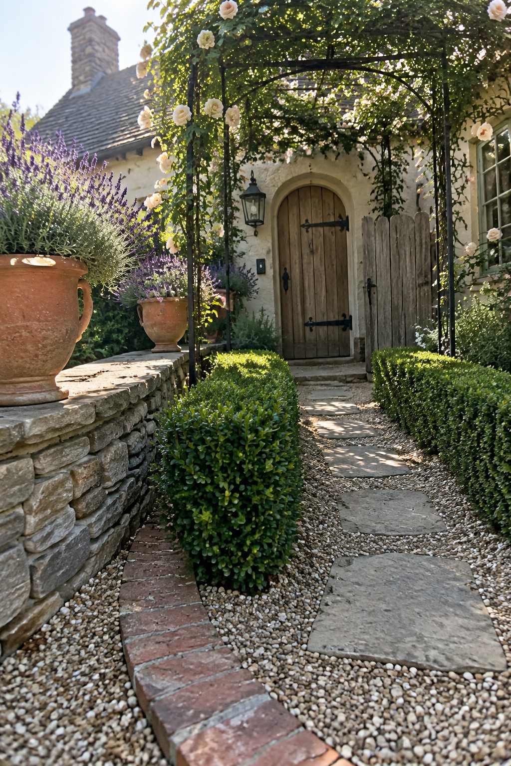 Rustic stone cottage door under white rose arbor, gravel path, lavender and terracotta pots