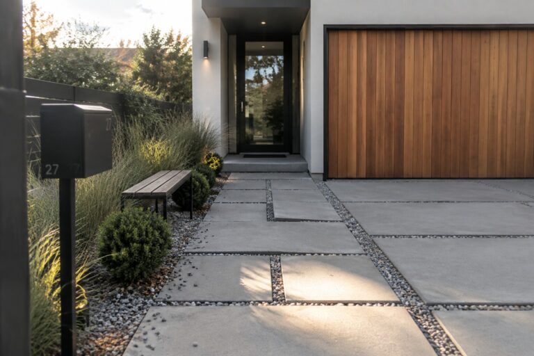 17 Smart Short Driveway Ideas for Compact Front Entrances A narrow front walkway made of large rectangular concrete pavers set in gravel, running past low green shrubs and tall grasses toward a modern house with vertical wood siding and a black front door.