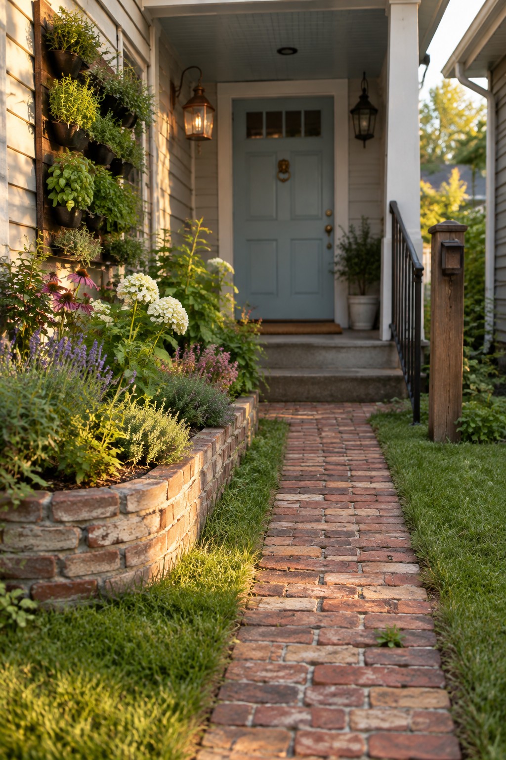 A red brick pathway bordered by low brick garden beds filled with flowers and plants leads to the front steps of a white house with a light blue door.