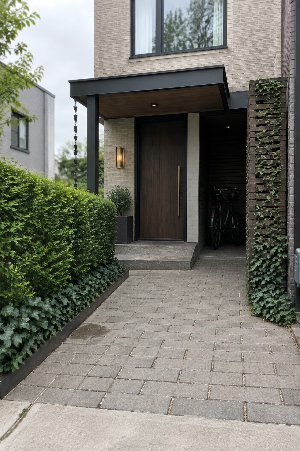 A modern brick house with a gray paver walkway leading to a dark wood front door under a black overhang, with green shrubs on the left and a vertical garden wall on the right.