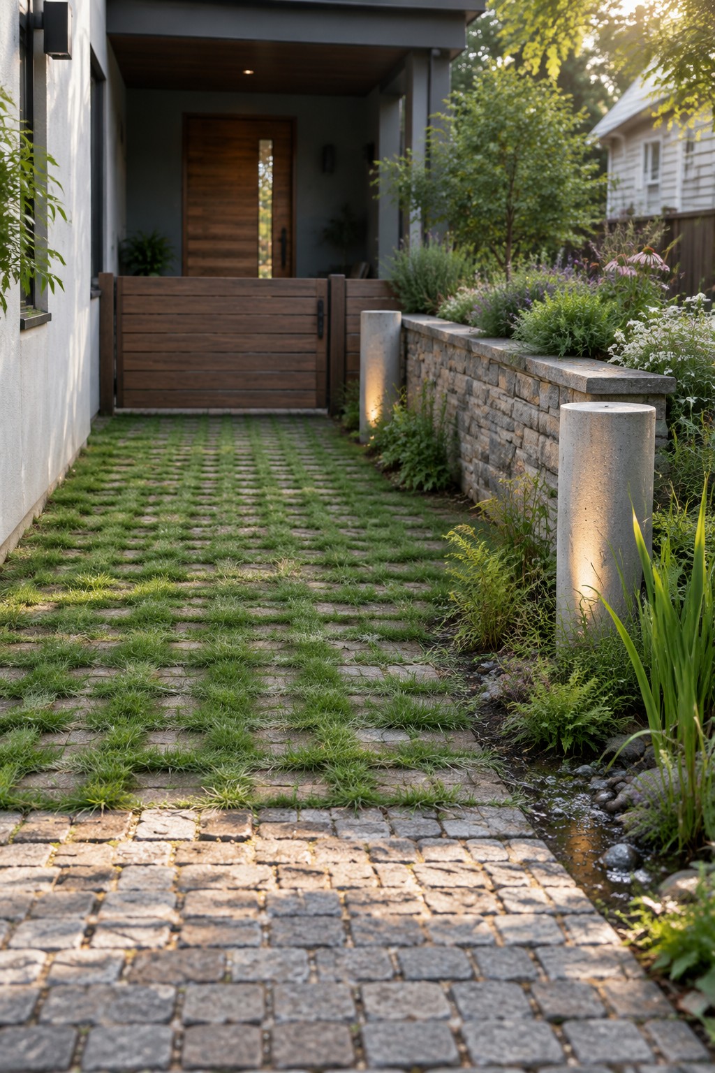 A short entry path made of rectangular pavers with grass growing between them leads toward a wooden gate and modern house entrance, with a low stone wall and plants on the right.