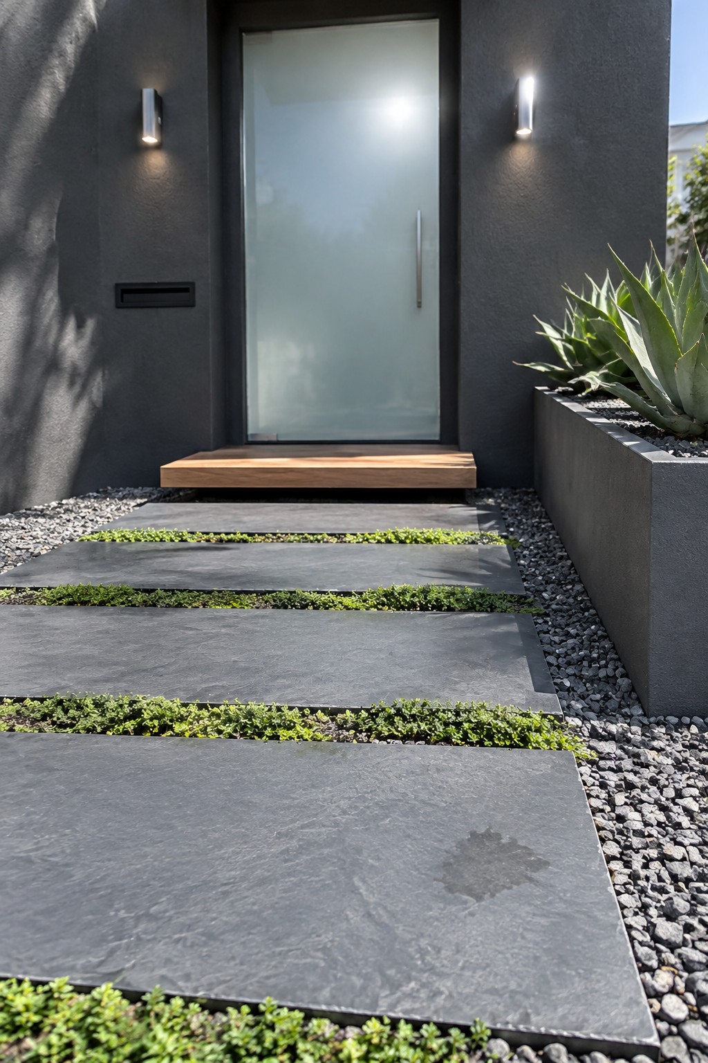 A front walkway made of large dark gray stone pavers with narrow strips of green ground cover between each slab, leading to a modern house with a frosted glass door and wooden threshold.