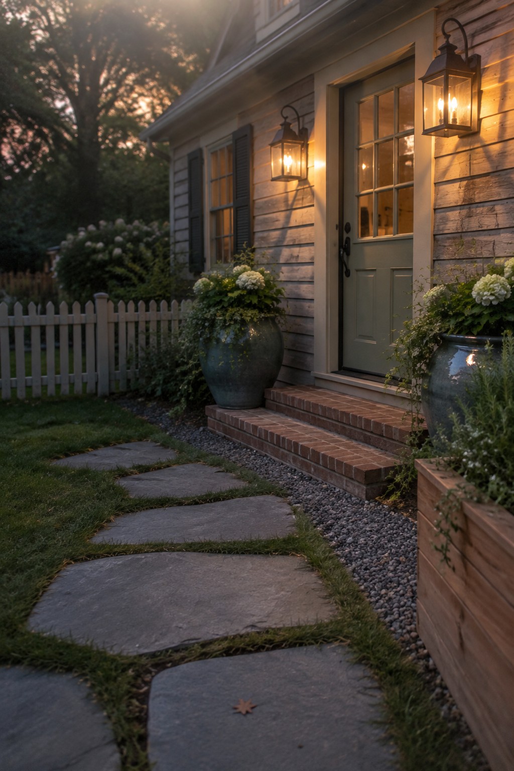 A house with gray siding and a green door has brick steps flanked by two large ceramic pots, with a curving path of irregular gray stepping stones set into grass leading to the entrance.