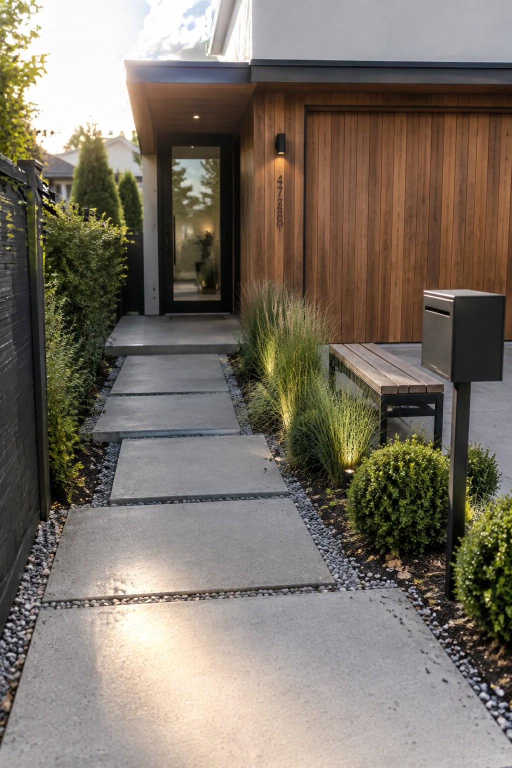 A narrow front walkway made of large rectangular concrete pavers set in gravel, running past low green shrubs and tall grasses toward a modern house with vertical wood siding and a black front door.