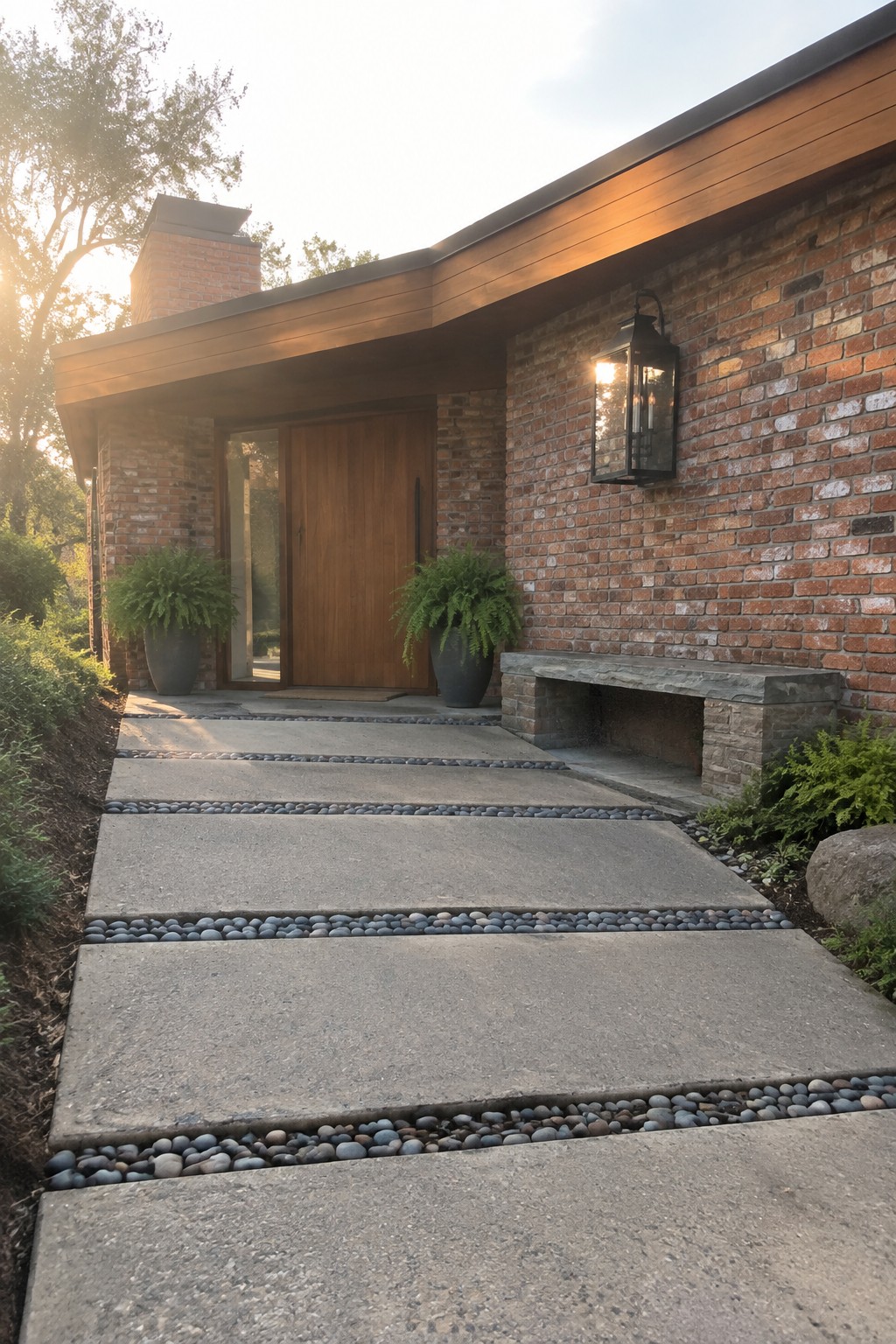 A front walkway of large rectangular gray concrete pavers divided by narrow strips of small gray pebbles, leading to a wooden door on a brick house with potted ferns on either side.