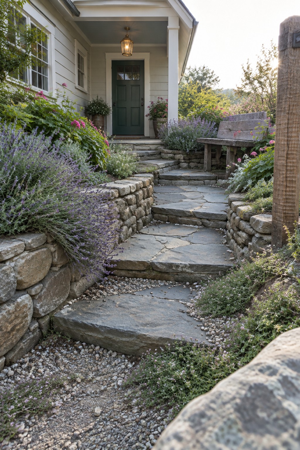 Stone steps and path lead through garden to green door on porch