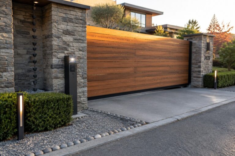 15 Useful DIY Sliding Driveway Gate Ideas for Space-Conscious Entrances A modern horizontal wood slat sliding driveway gate set between stone pillars with an intercom panel and ground lighting along the entrance.