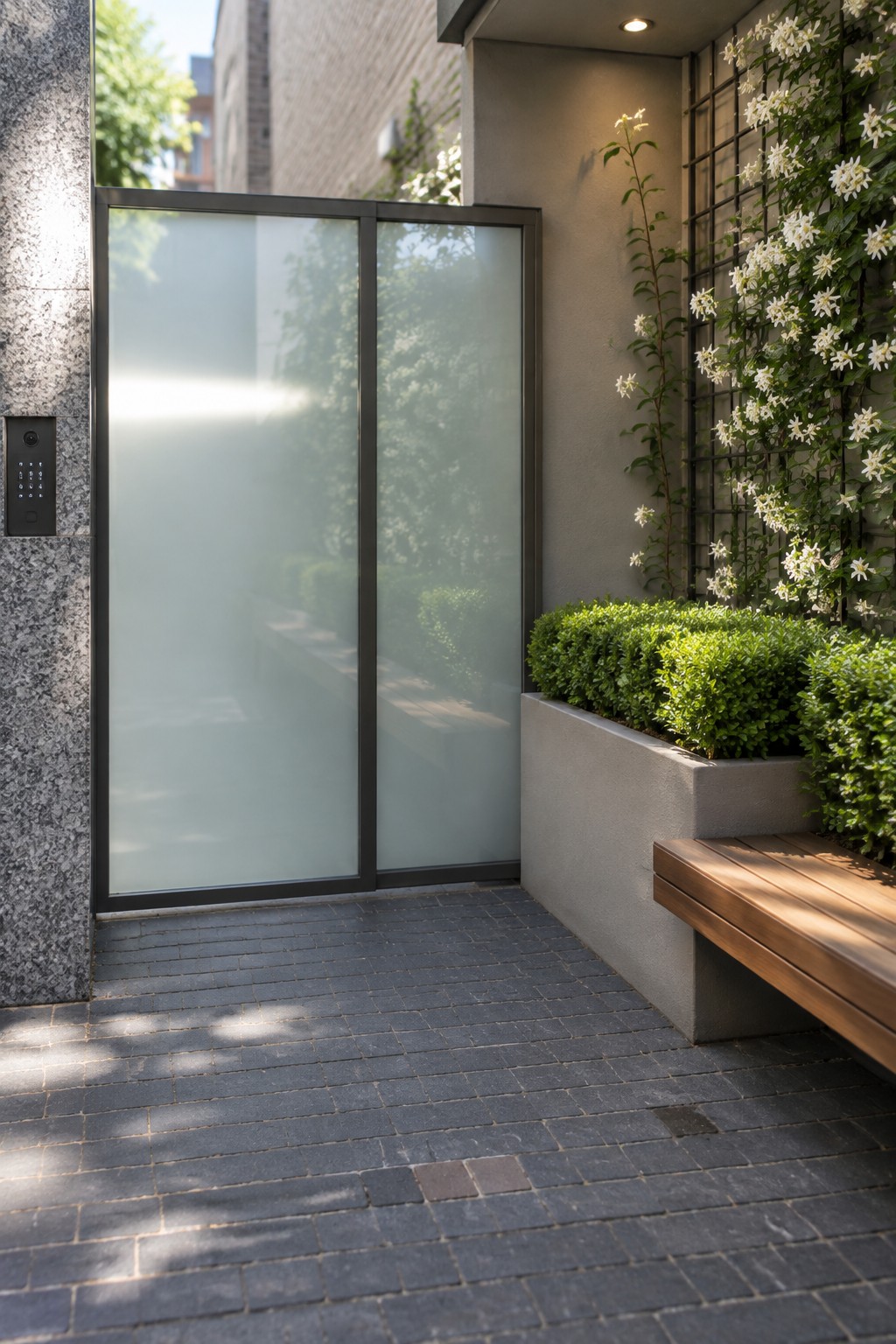 Modern entrance with frosted glass door, wooden bench, and white-flowered plant wall.
