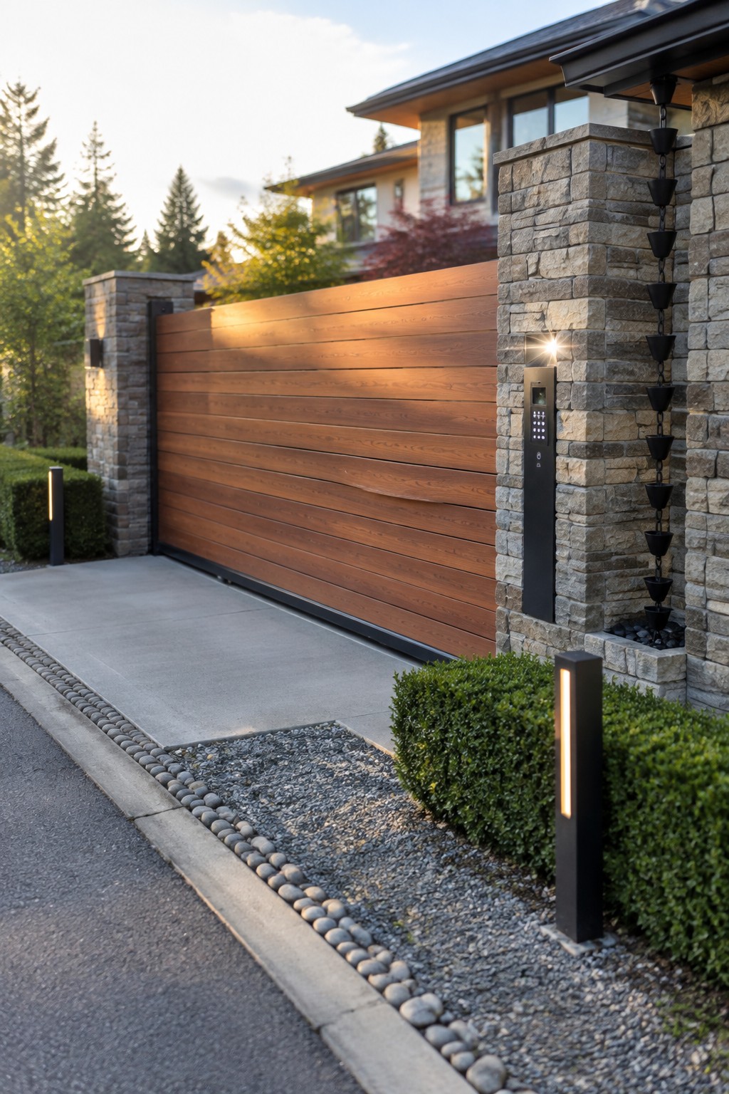 A modern horizontal wood slat sliding driveway gate set between stone pillars with an intercom panel and ground lighting along the entrance.