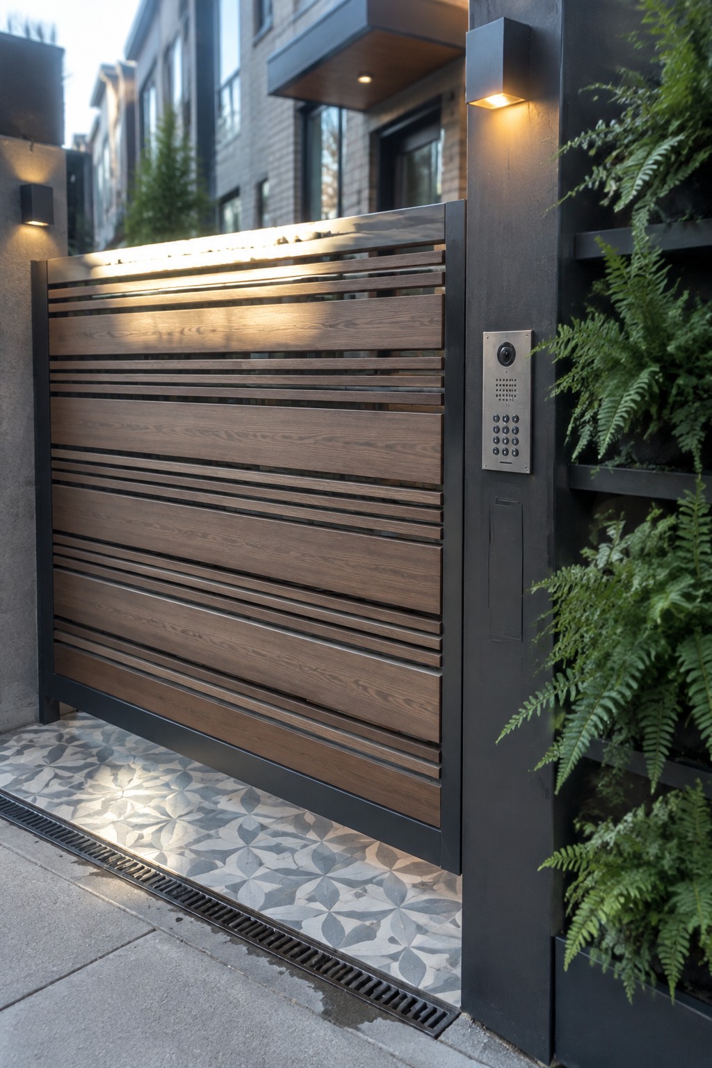 A modern sliding driveway gate with horizontal wood slats in a black metal frame, next to a wall-mounted intercom and green ferns.