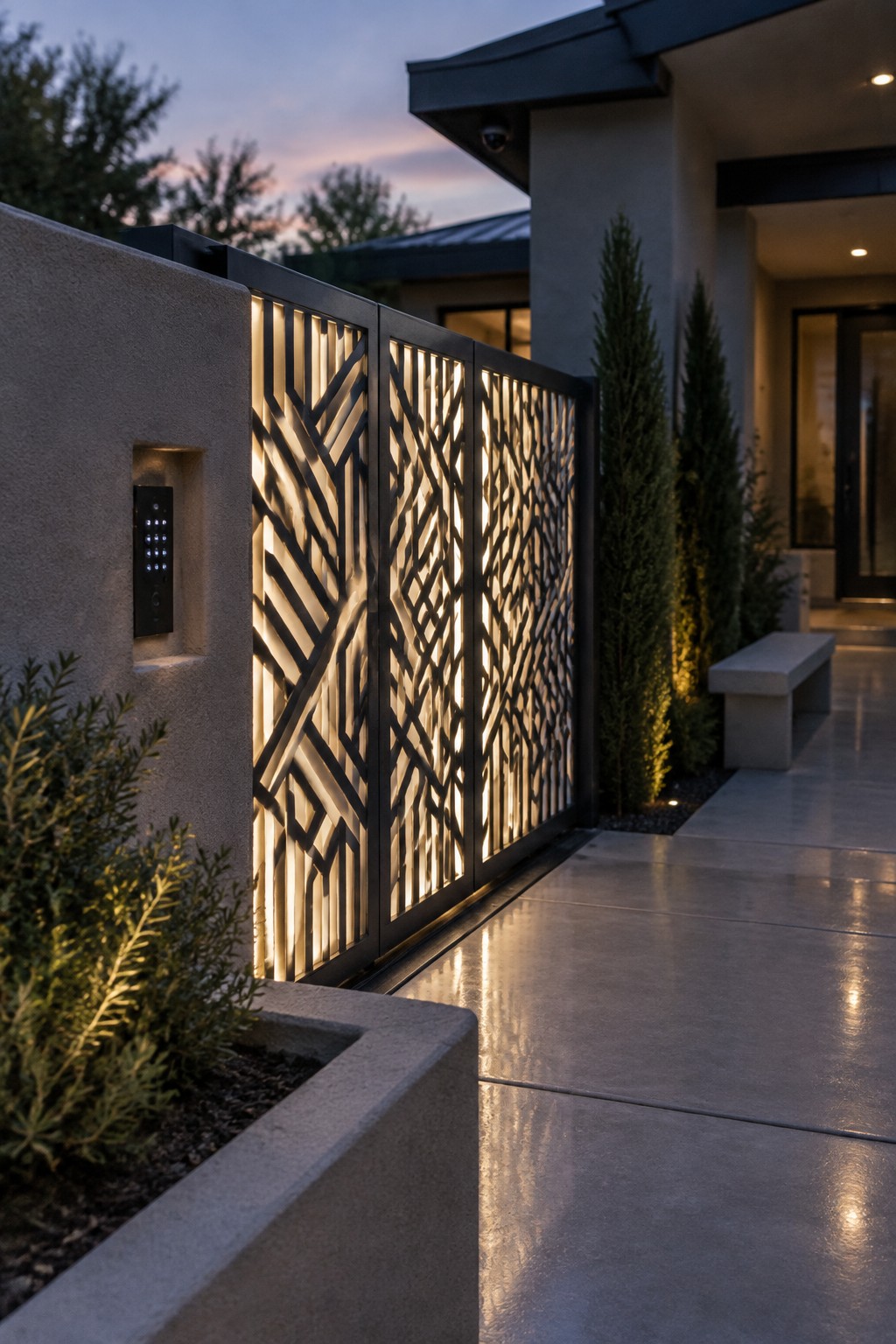 Illuminated geometric metal gate beside modern house entrance with concrete bench and trees