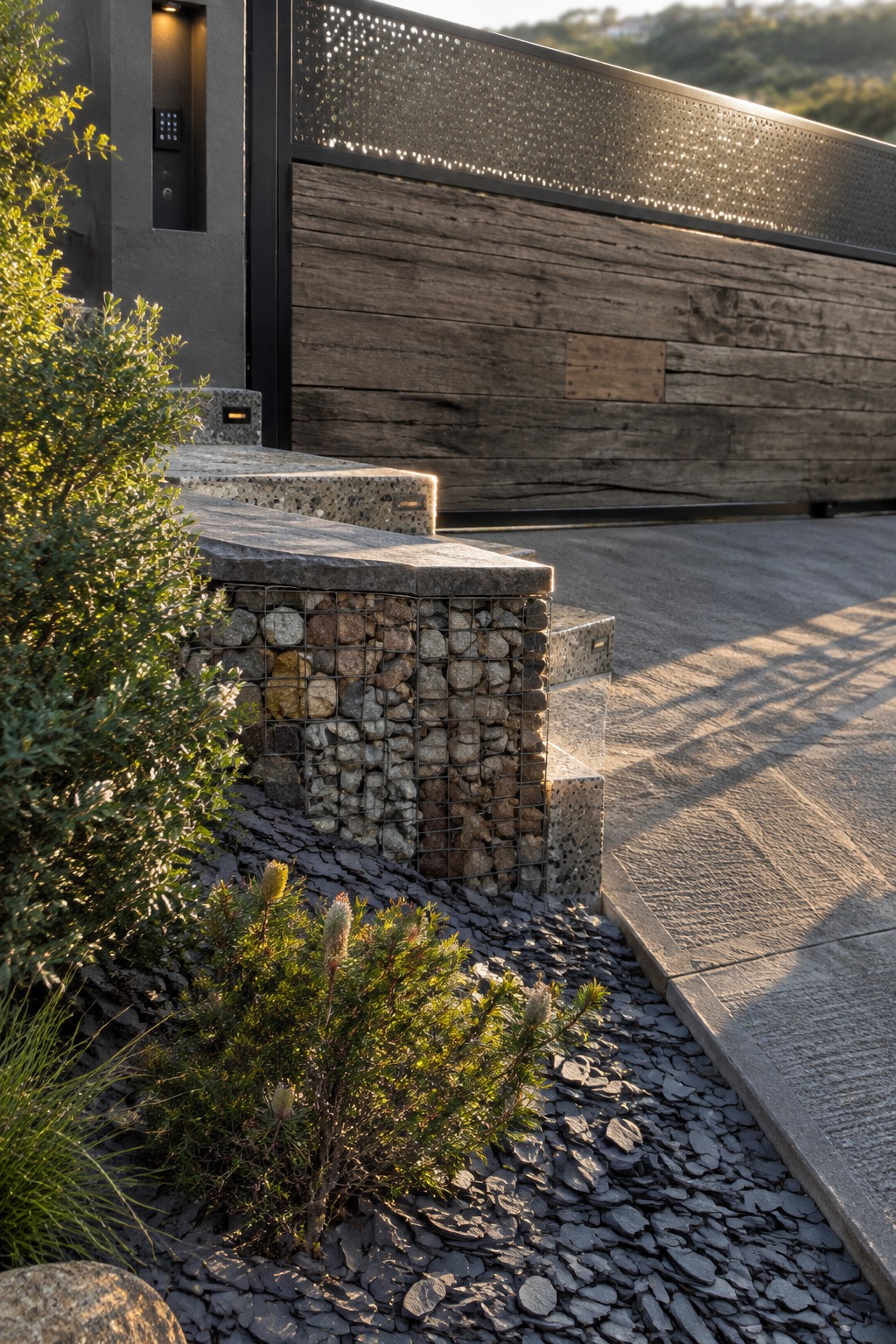 Modern house entrance with gabion wall, concrete steps, wooden panels, and a long perforated metal screen above.