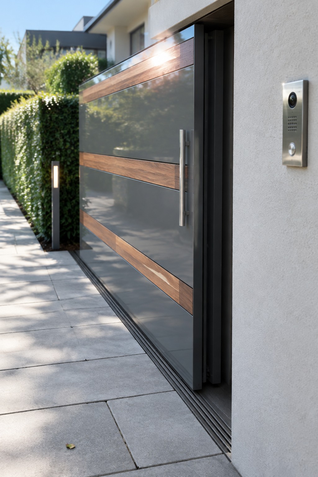 A modern sliding driveway gate featuring horizontal panels of dark glass and wood accents, positioned beside a light-colored house wall with a stainless steel intercom.