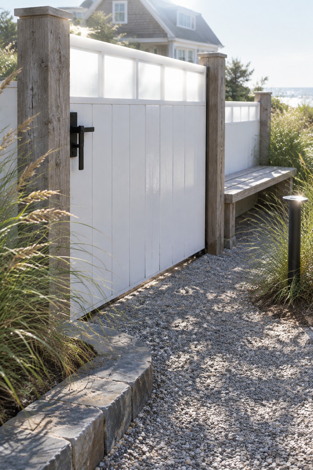 A white vertical plank gate with black hardware is framed by two weathered wood posts along a gravel path, with a wooden bench and grasses visible to the right.