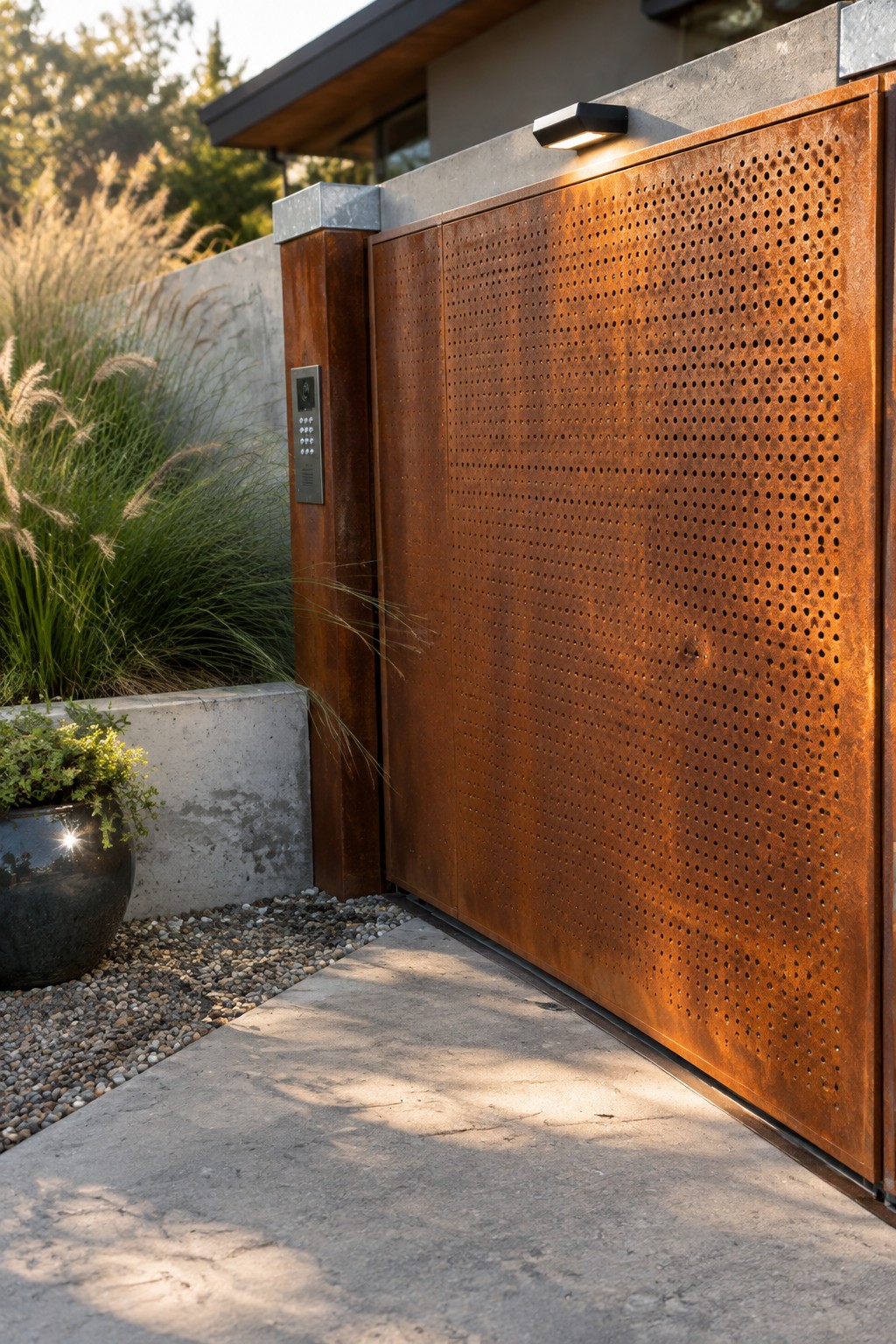 A modern sliding driveway gate with perforated rusted metal panels next to a concrete wall and gravel bed with plants.