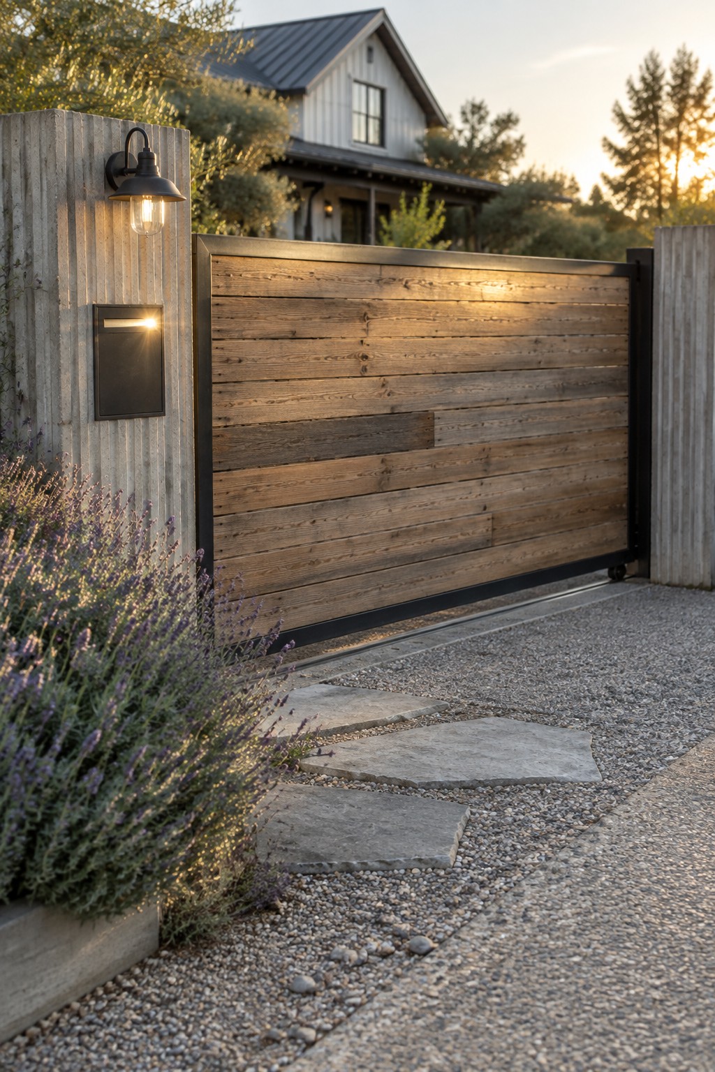 A horizontal wood sliding driveway gate on a metal track beside a gravel path and stone steps, with a house visible in the background.