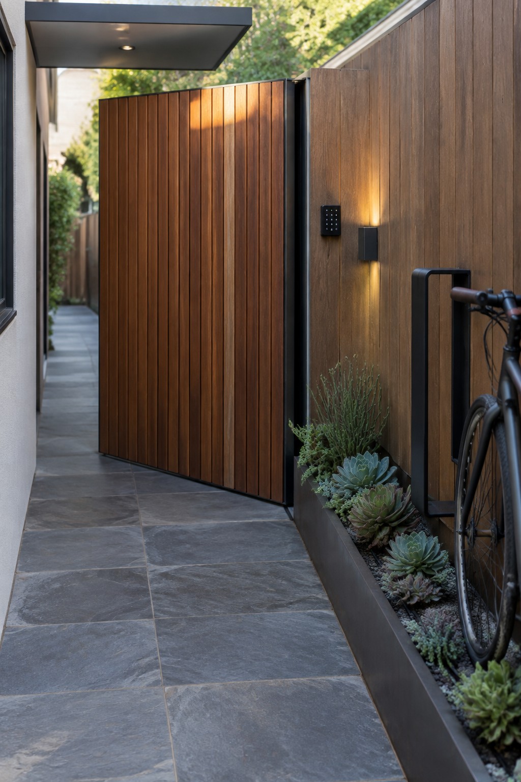 Modern wooden gate along stone pathway with succulents and bicycle